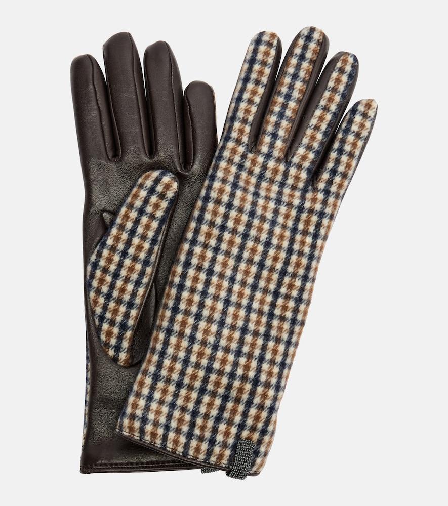 brunello cucinelli monili checked virgin wool and leather gloves