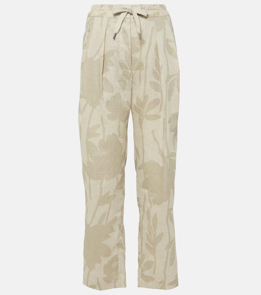 brunello cucinelli printed linen tapered pants