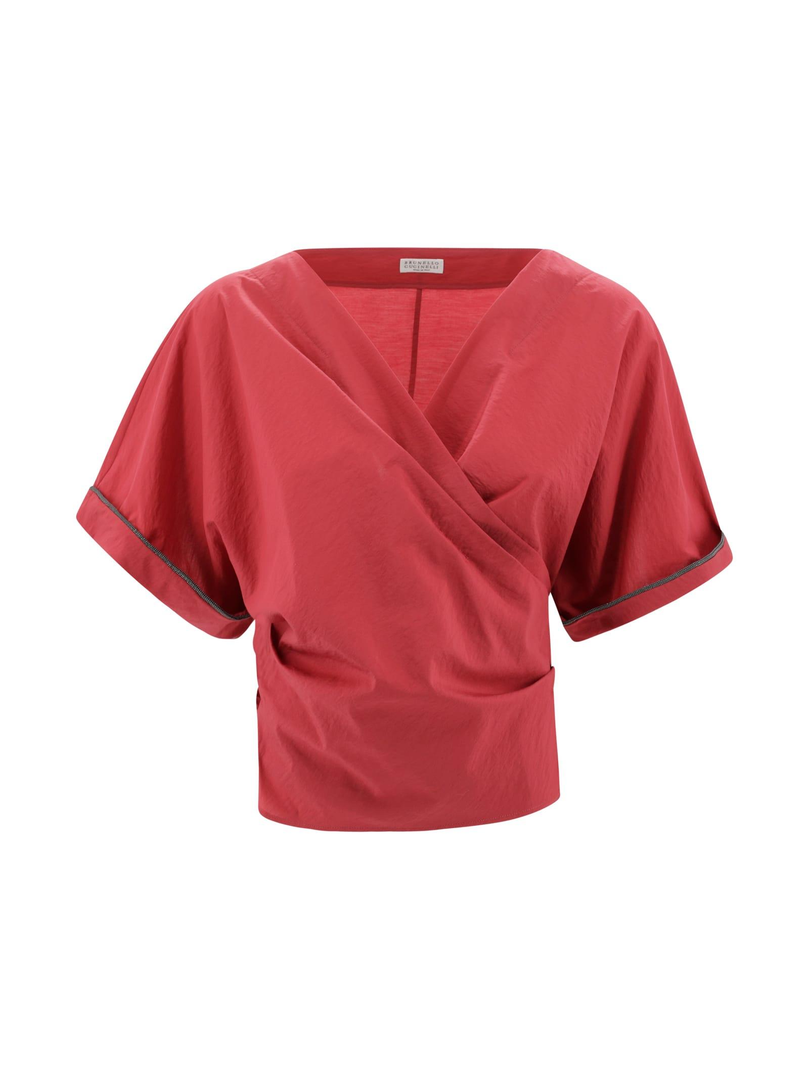 brunello cucinelli red shirt with v-neck and monili detail in cotton woman