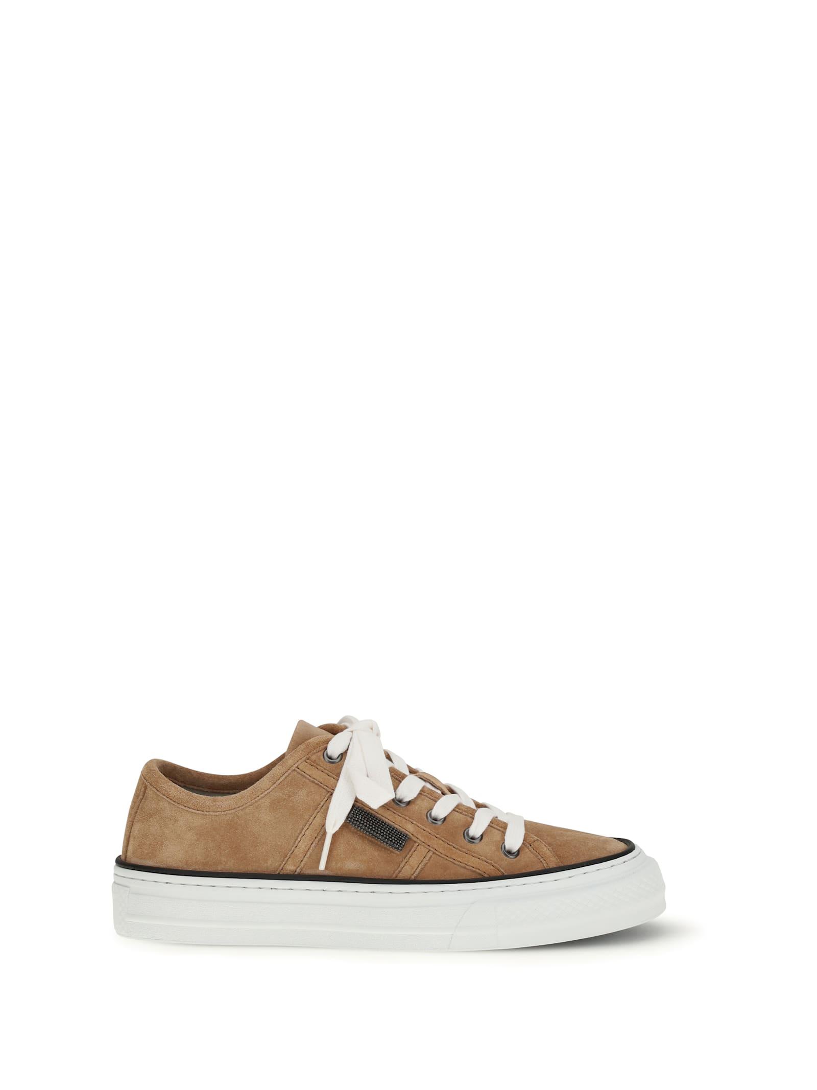 brunello cucinelli shiny tab suede sneakers