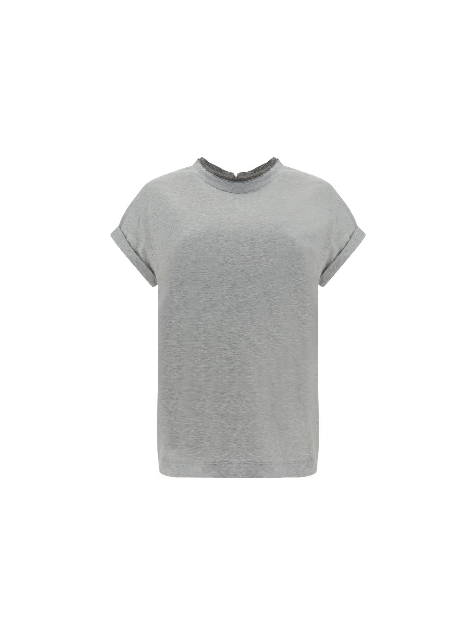 brunello cucinelli short-sleeved t-shirt in elasticized stretch cotton with a crew neck edged with jewels