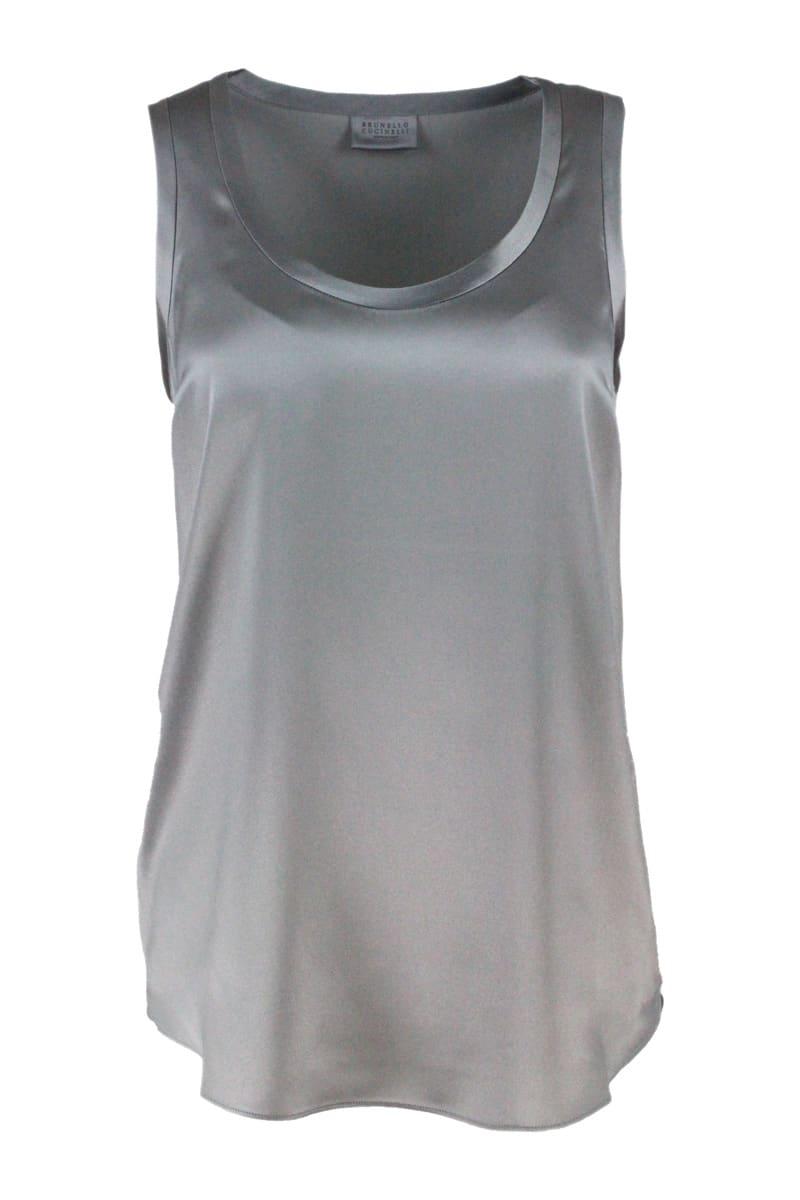 brunello cucinelli sleeveless round neck top in stretch silk