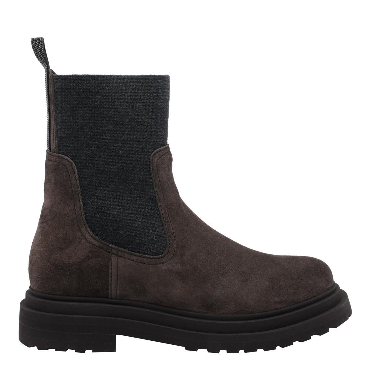 brunello cucinelli suede boot with knitted insert and precious loop detail