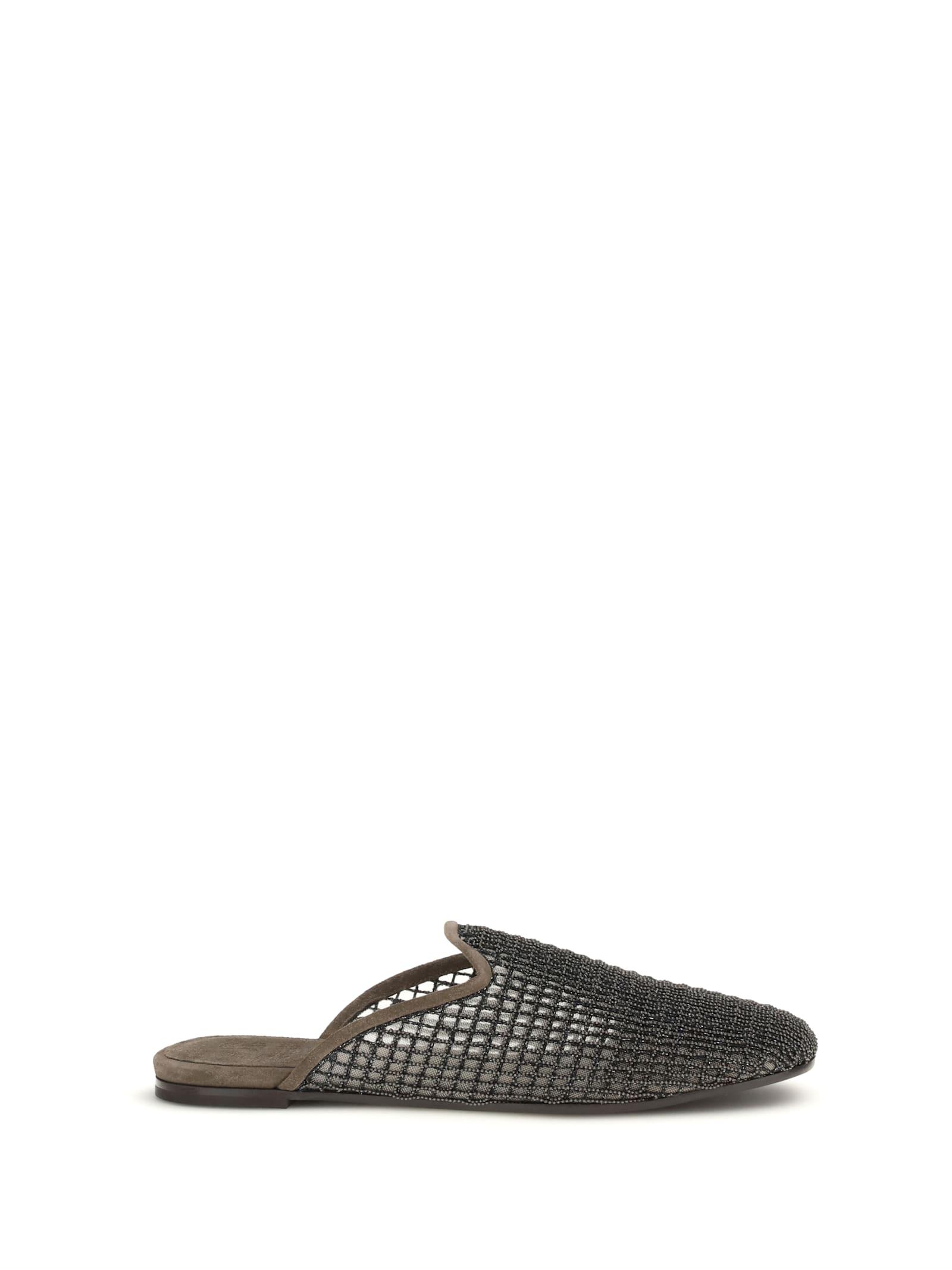 brunello cucinelli suede mules with precious net embroidery