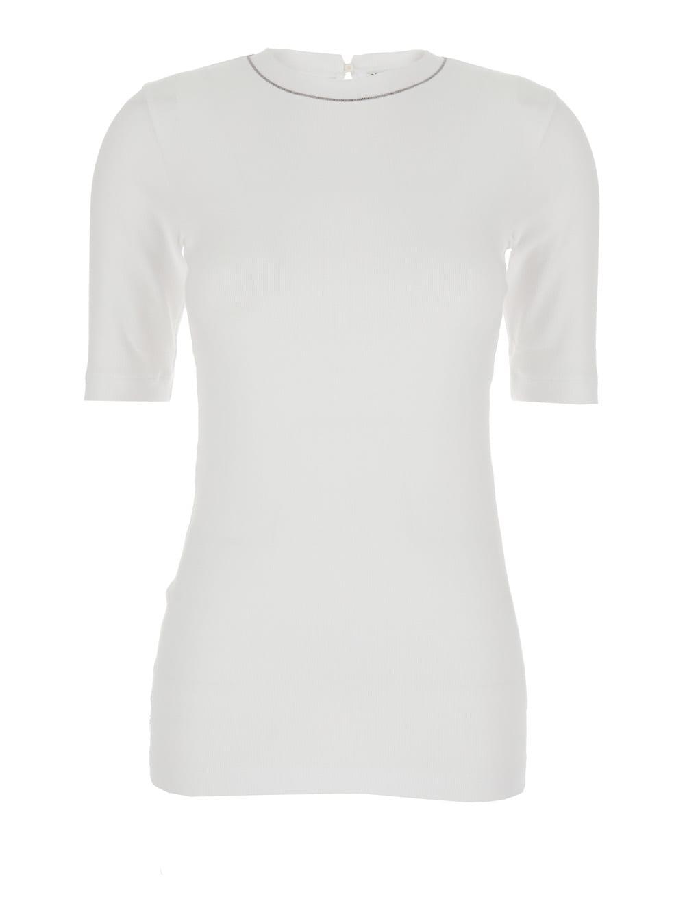 brunello cucinelli t-shirt monile crew neck with monile detail on the front in white stretch cotton for women