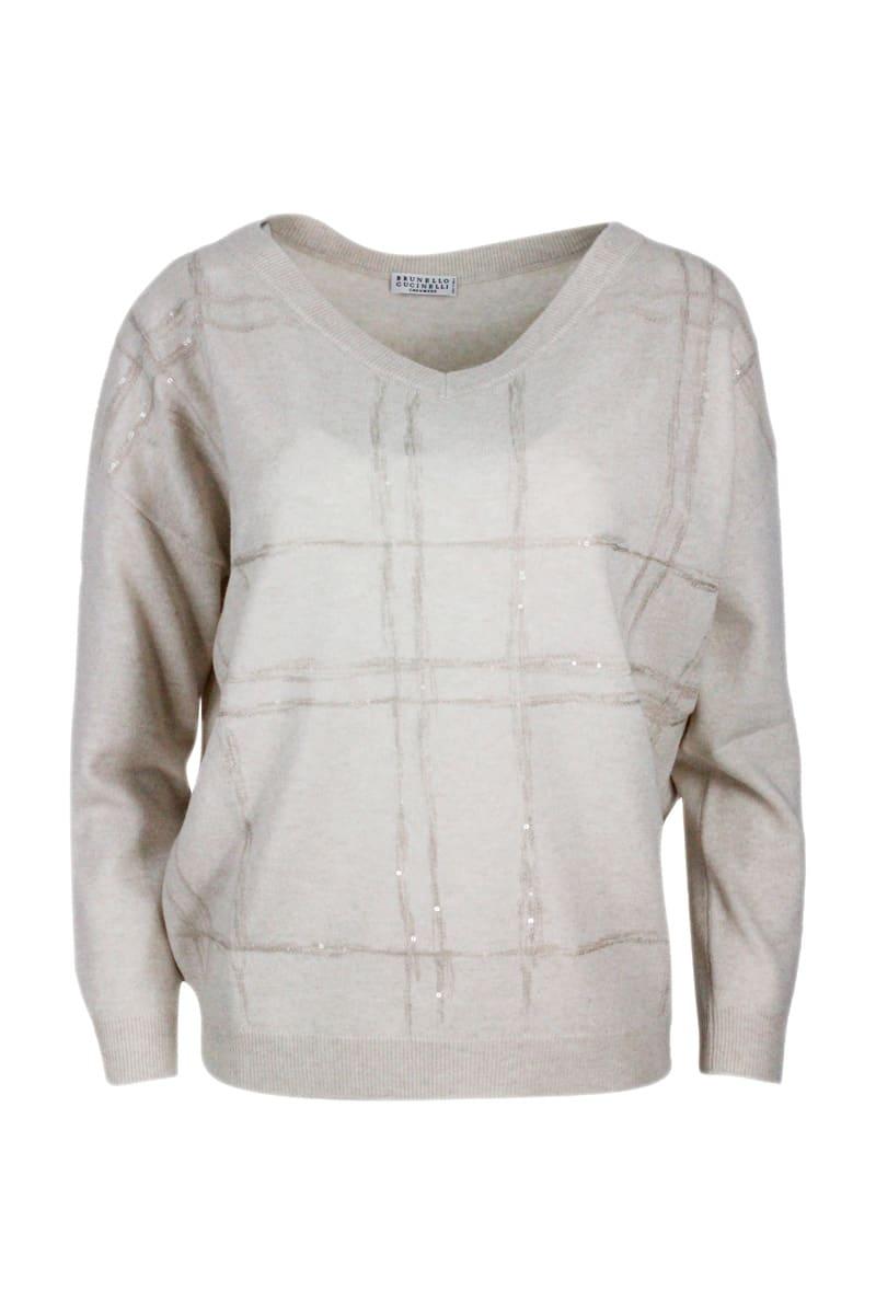 brunello cucinelli v-neck long-sleeved oversized sweater with window motif embellished with micro-sequins