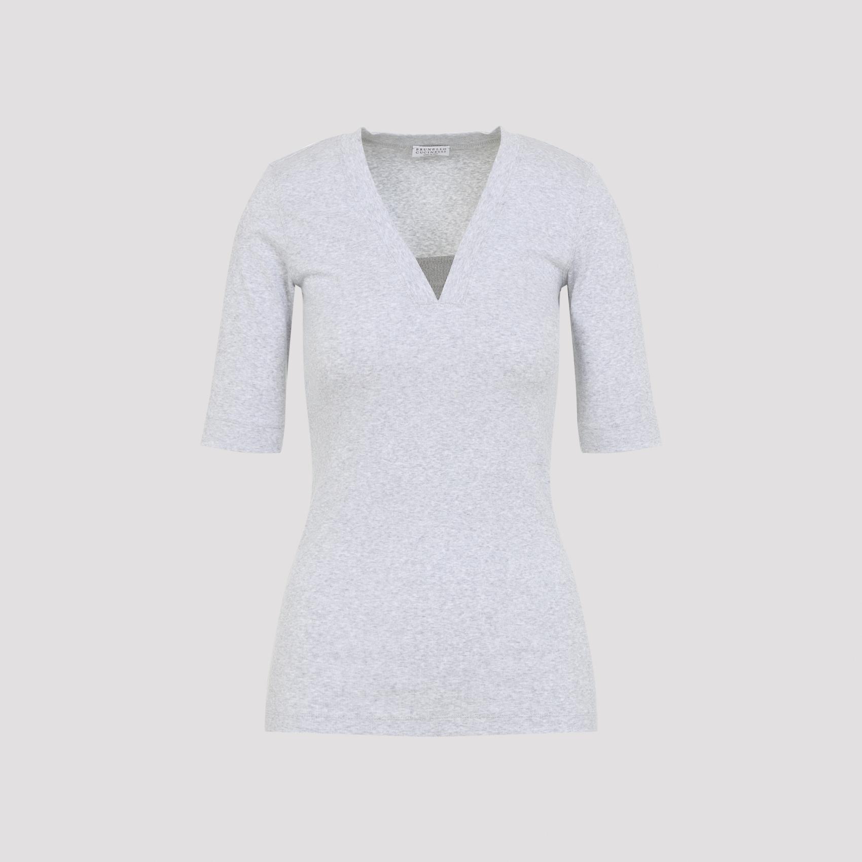 brunello cucinelli v-neck ribbed t-shirt grey cotton elastane tshirt - women