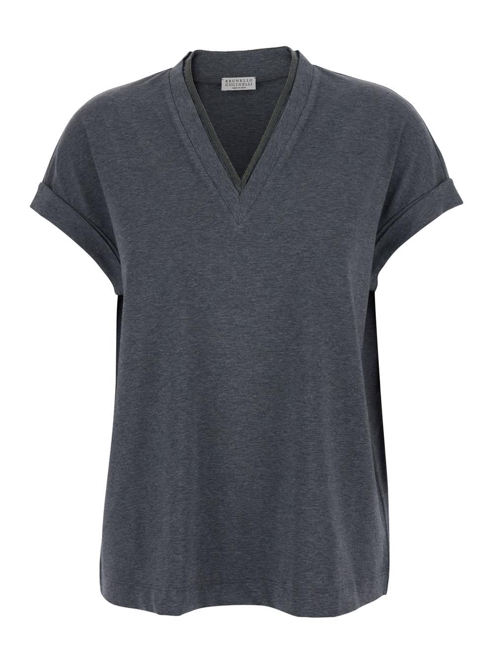 brunello cucinelli v-neck t-shirt with monile detail on the front in grey cotton for women