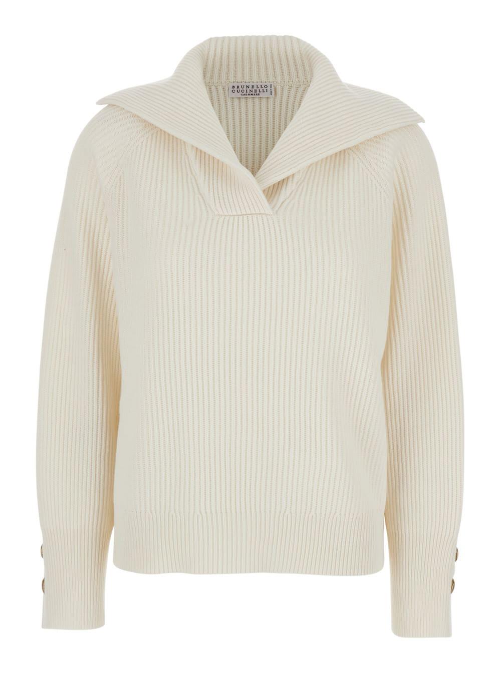 brunello cucinelli white ribbed knit sweater with v neck in wool and cashmere blend woman