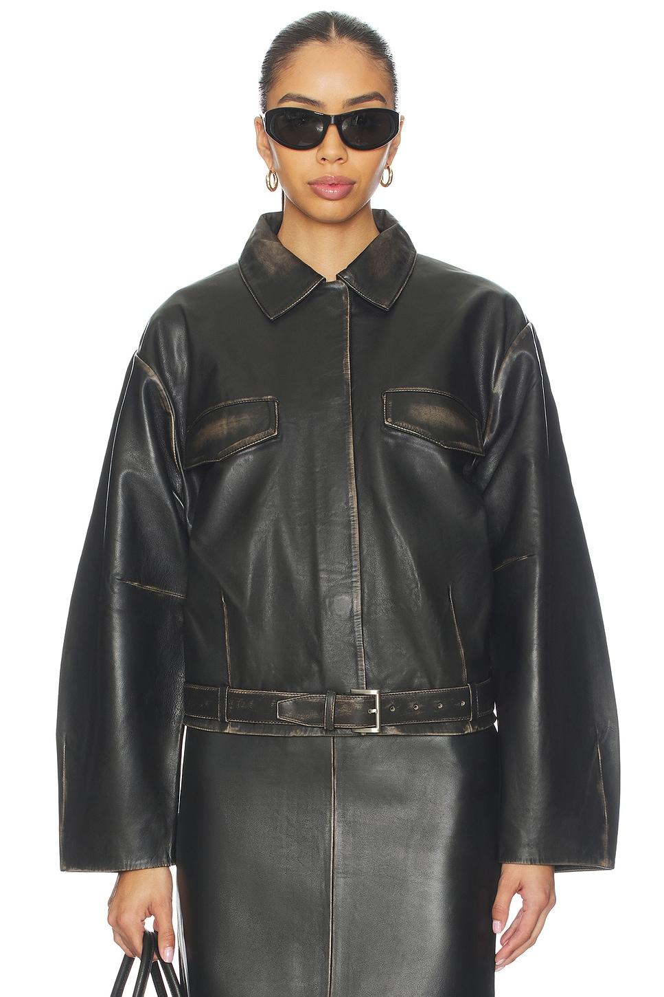 brushed leather belted jacket