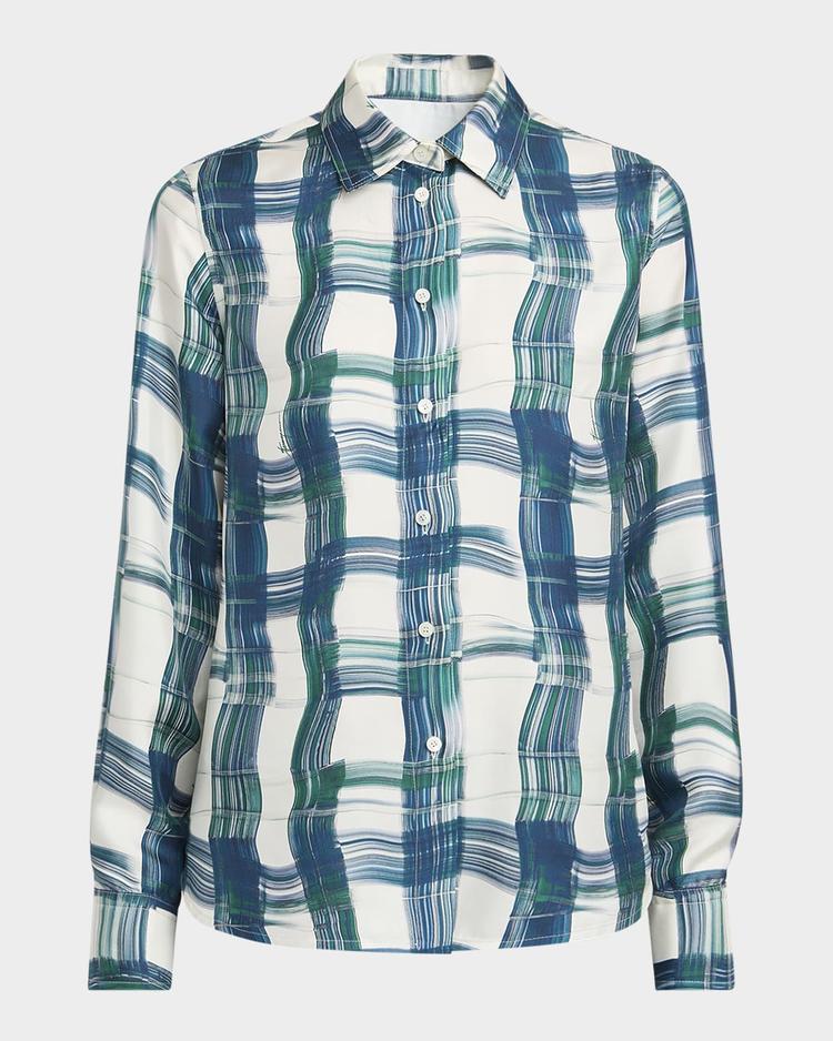 brushstroke check button down silk blouse