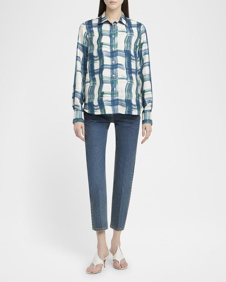 brushstroke check button down silk blouse
