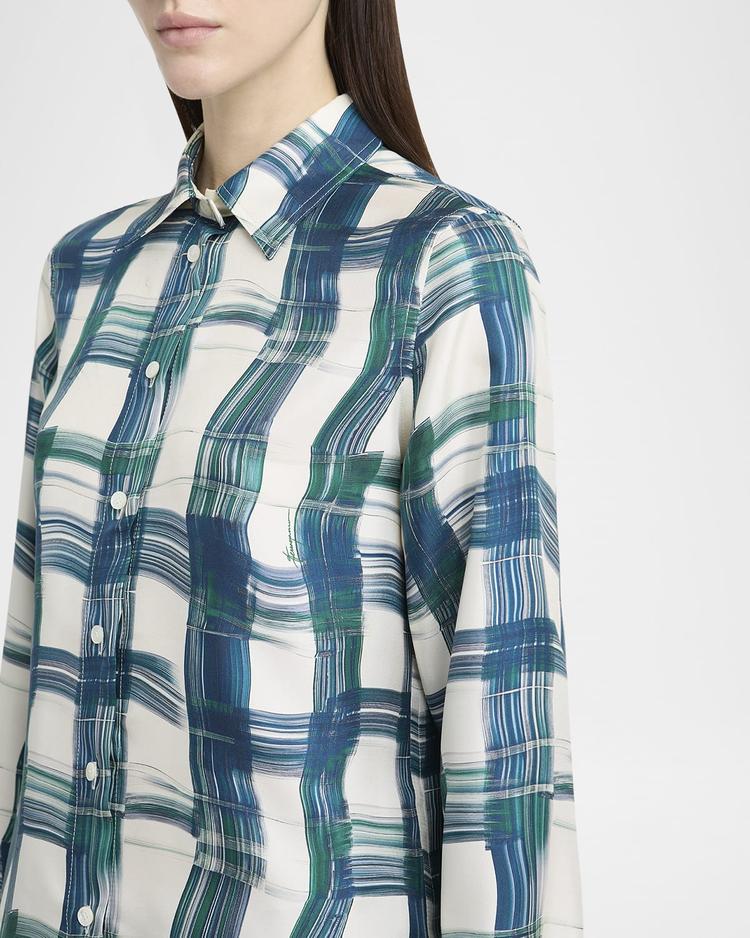 brushstroke check button down silk blouse