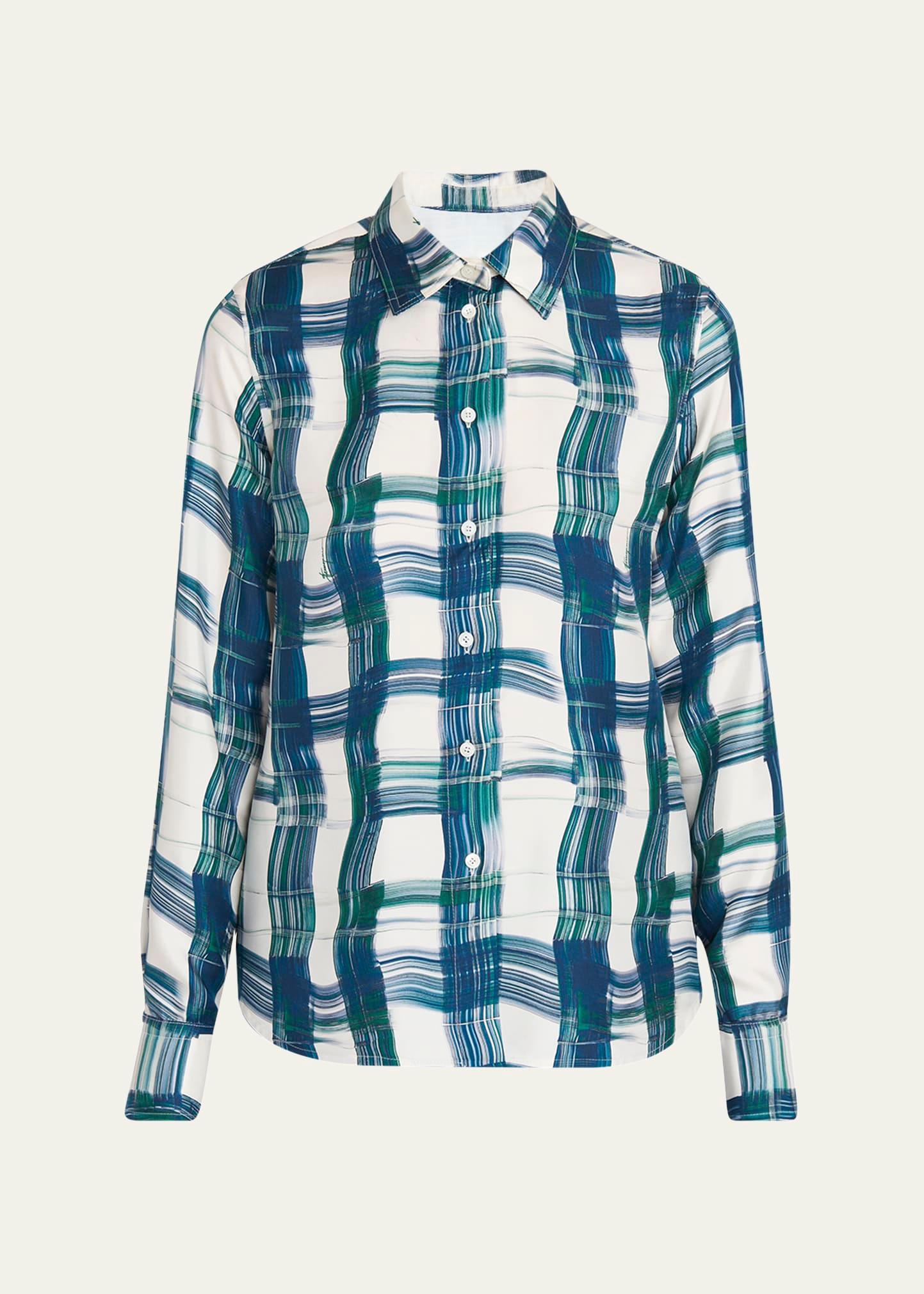 brushstroke check button down silk blouse
