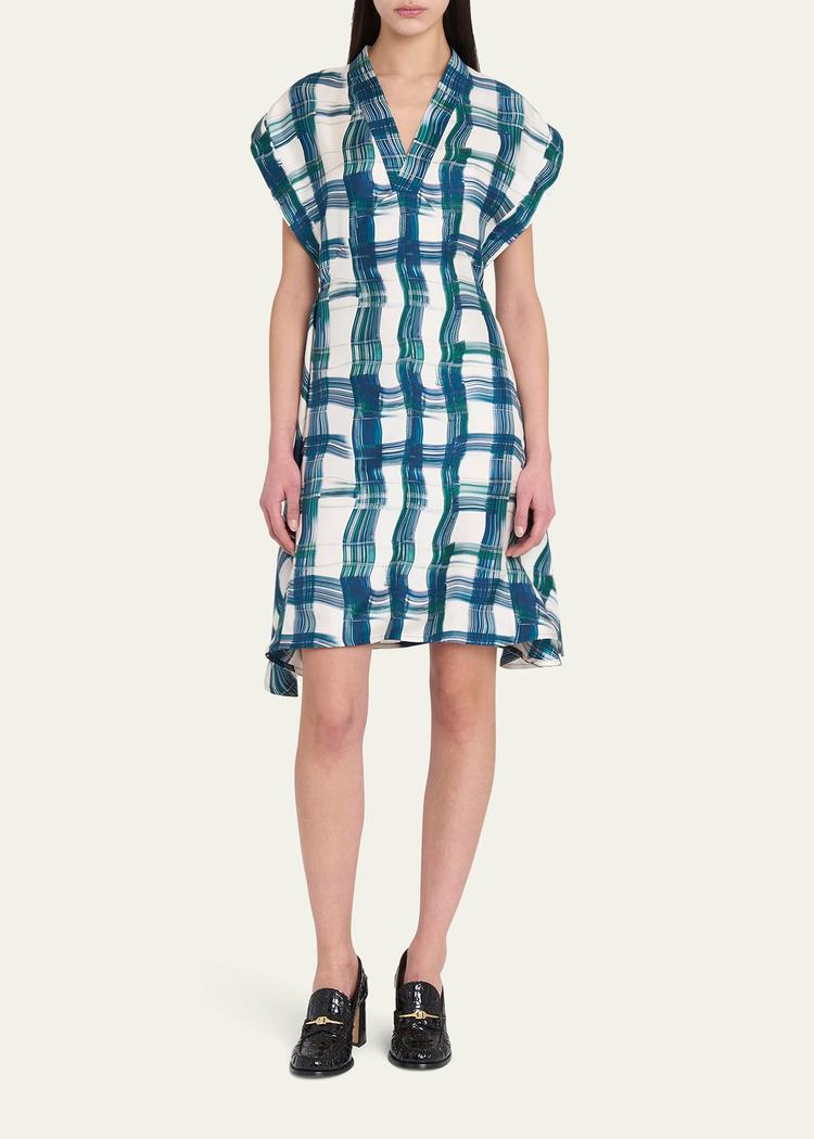 brushstroke check short silk dress