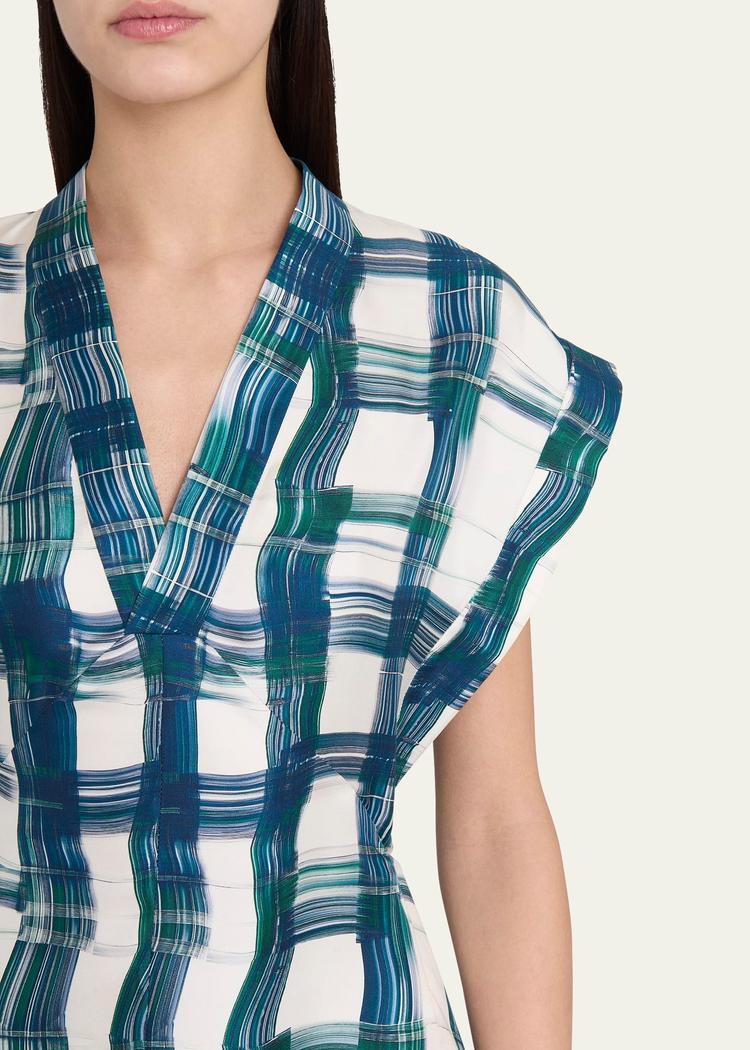 brushstroke check short silk dress
