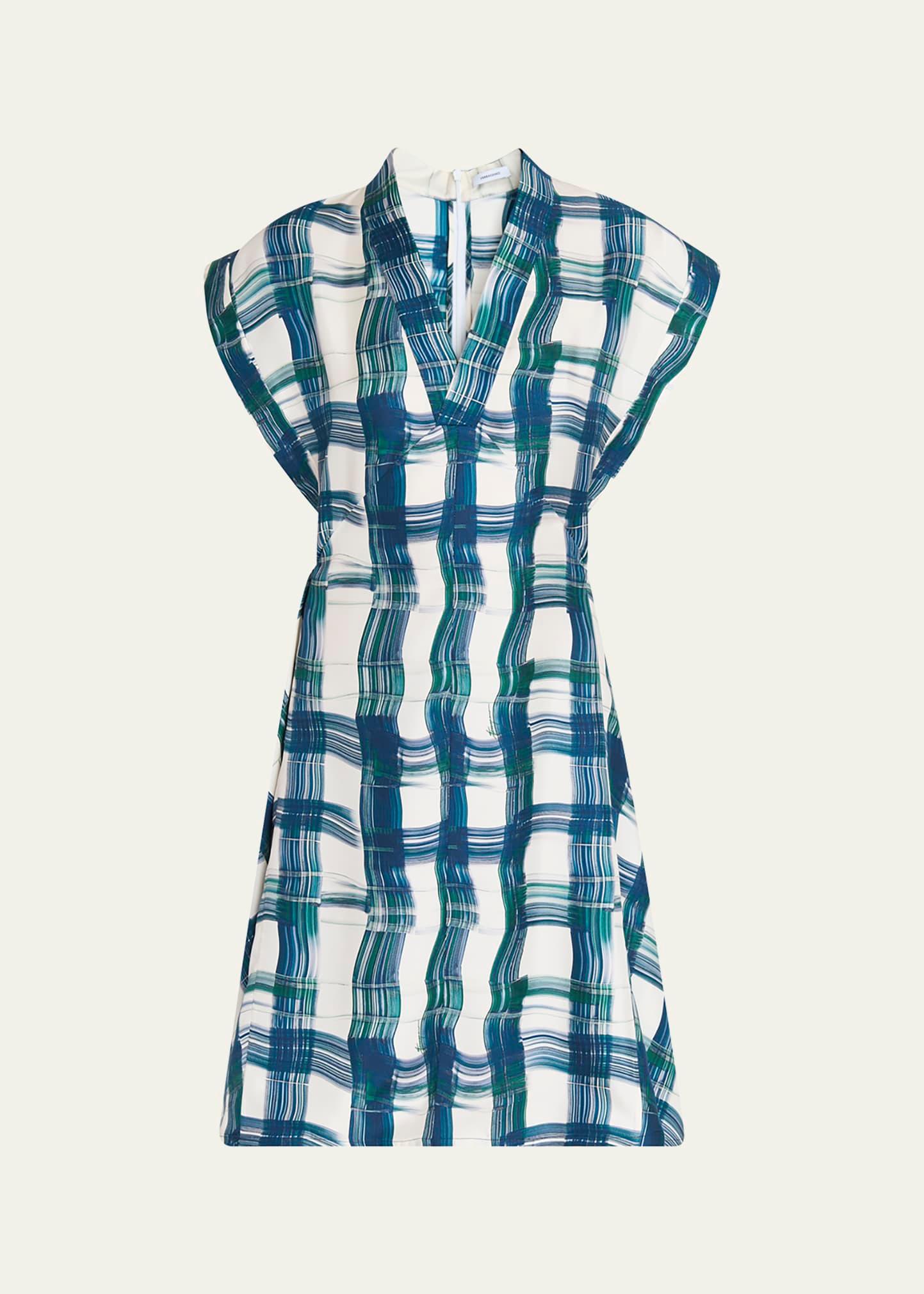 brushstroke check short silk dress