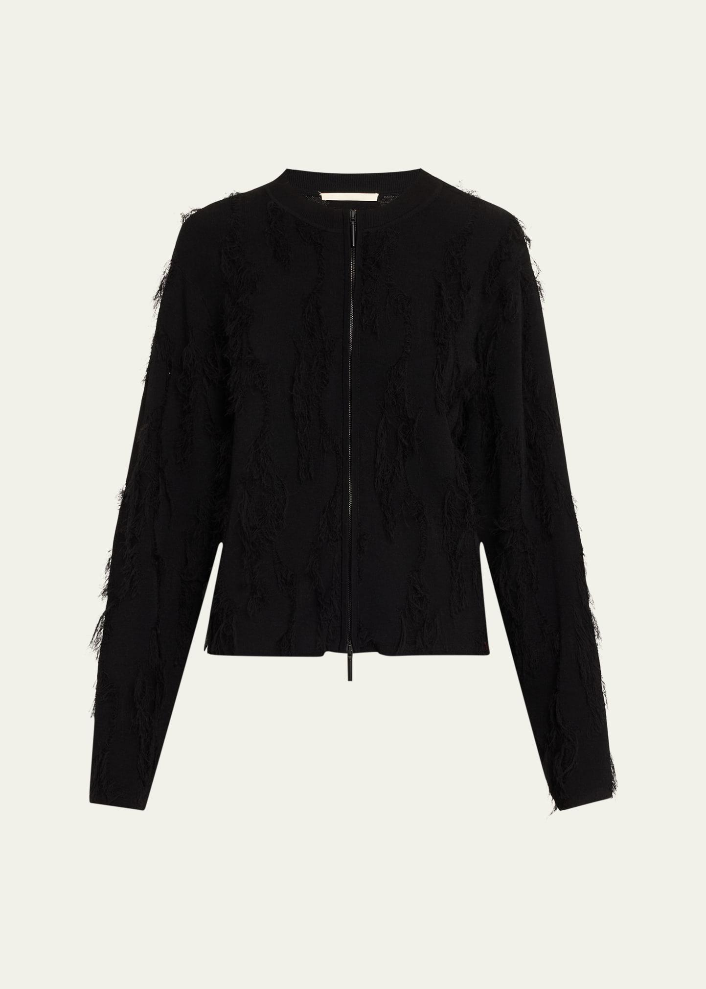 brushstroke fray jacquard zip-up cardigan