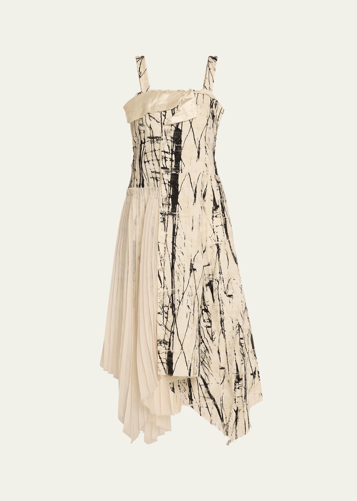 brushstroke frayed pleated asymmetric dress