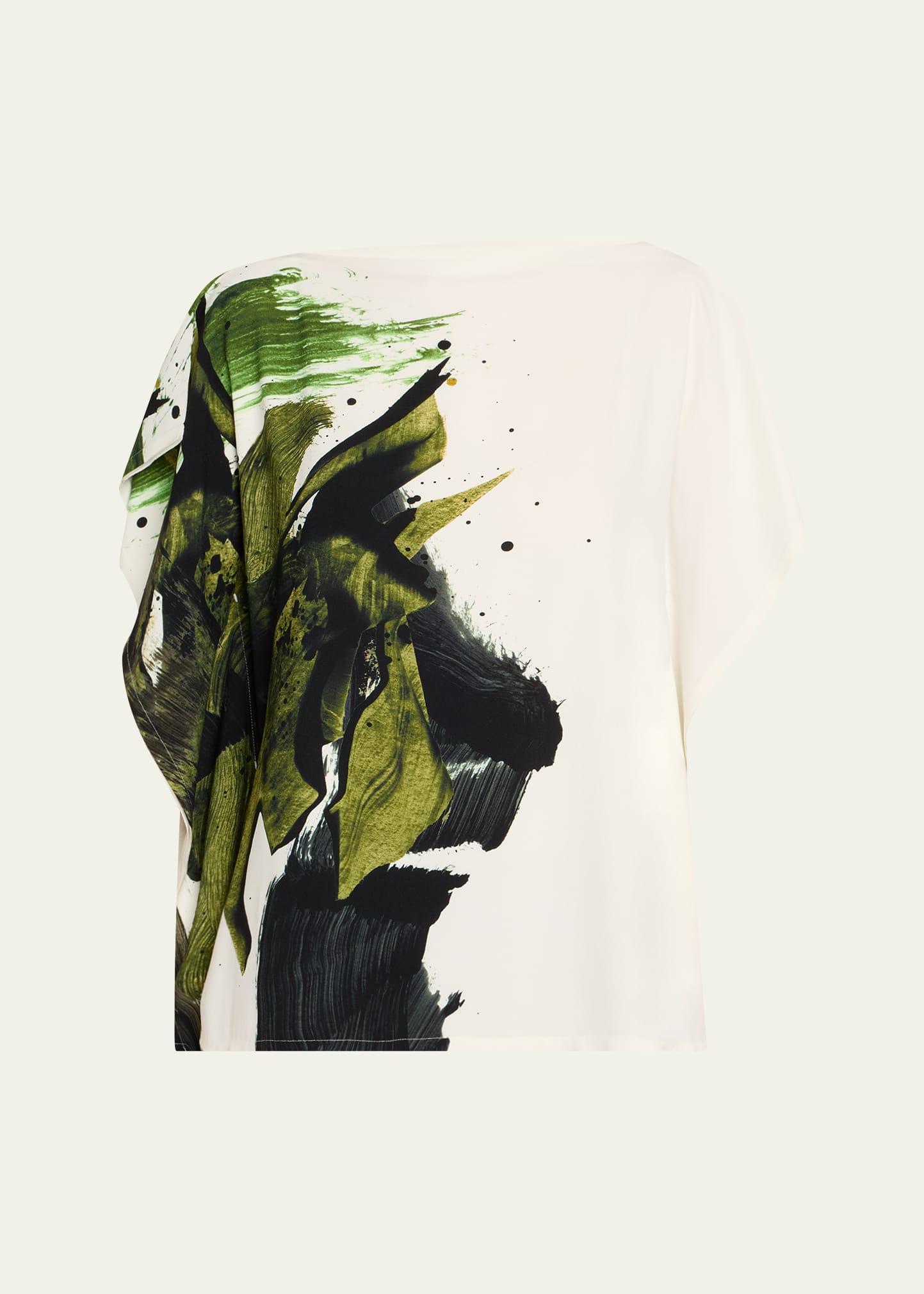 brushstroke print crepe boatneck asymmetric top