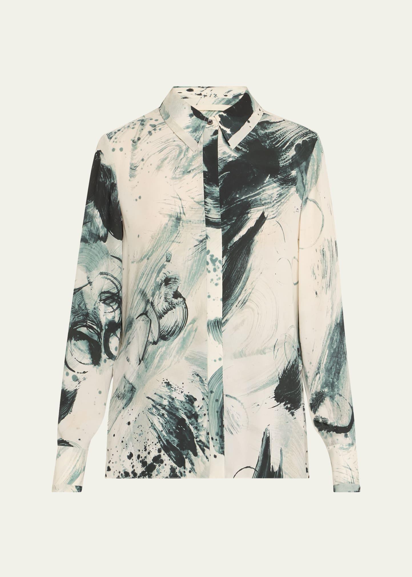 brushstroke print georgette button down blouse