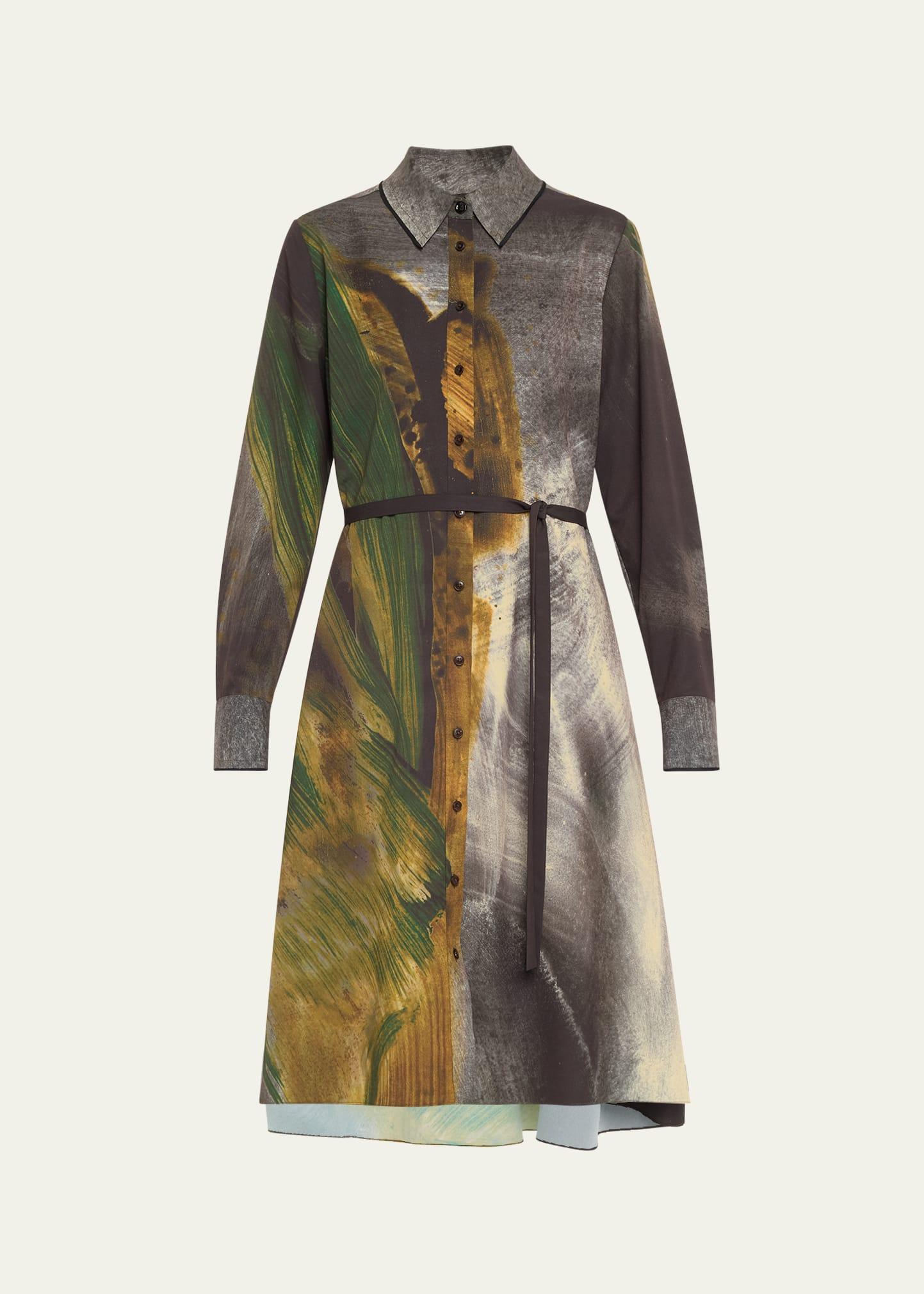 brushstroke print oversized shirtdress with belt