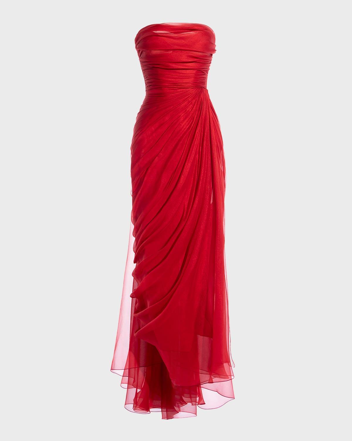 bryony strapless draped silk chiffon slit-hem midi dress