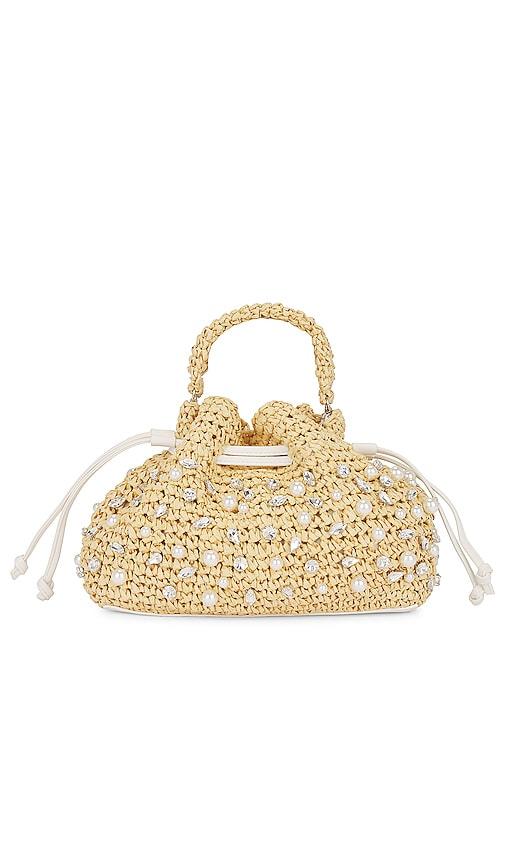 btb los angeles nia mini crystal bucket bag in beige.