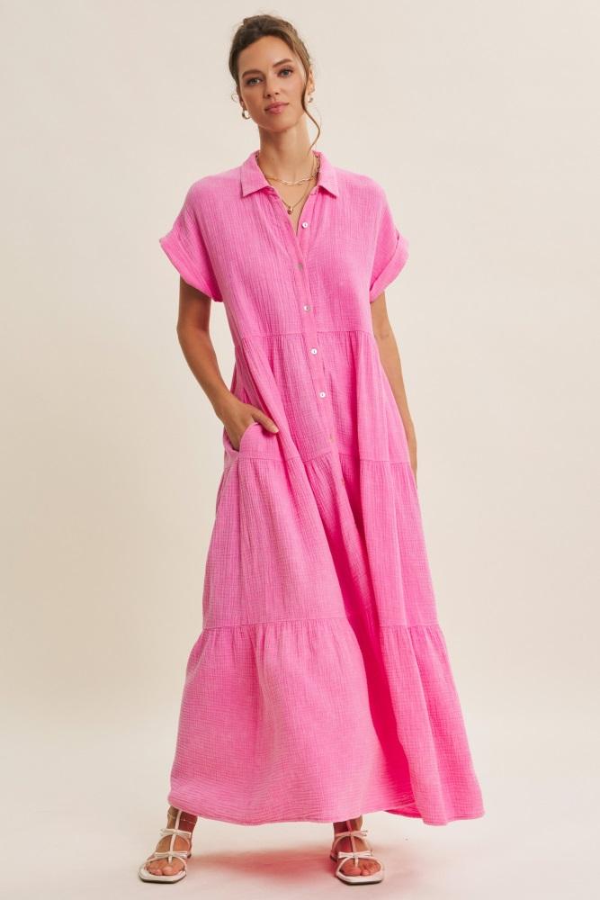 bubble gum pink breezy mineral-washed gauze maxi shirt dress
