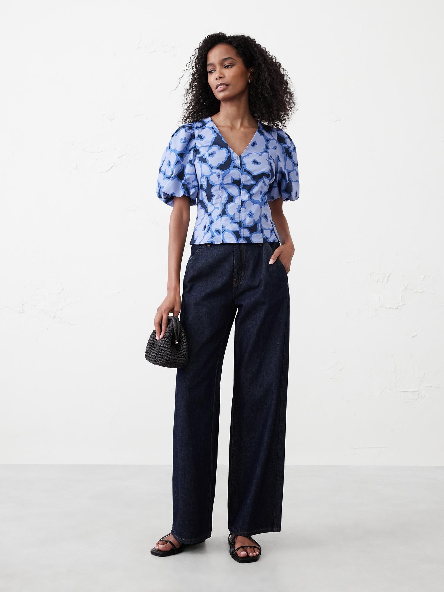 bubble-sleeve seamed poplin top