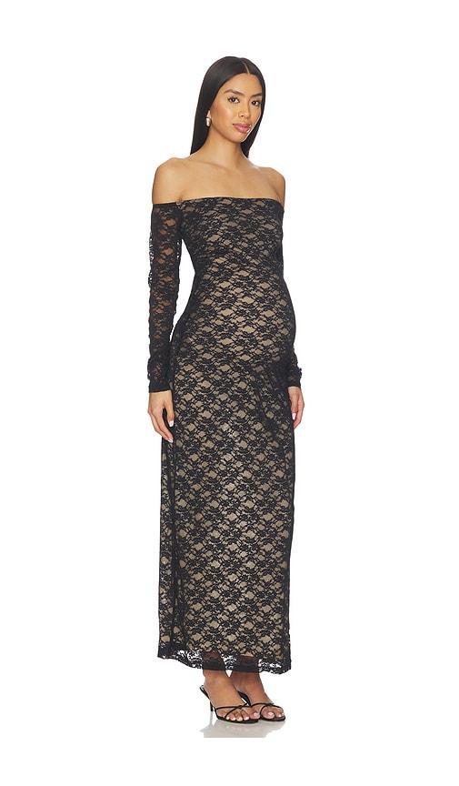 bumpsuit off the shoulder lace dress in black.