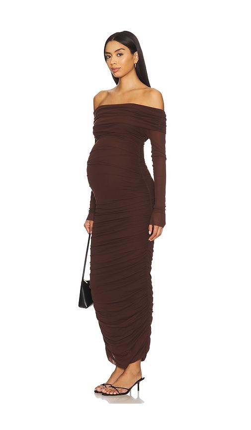 bumpsuit off the shoulder mesh dress in chocolate.