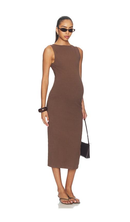 bumpsuit sculpting rib boat neck midi dress in brown.