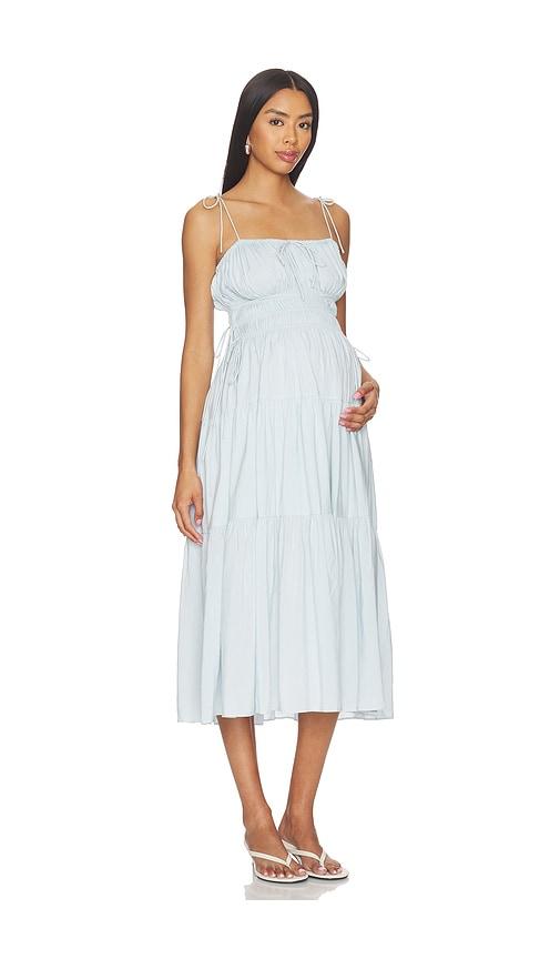 bumpsuit shirred midi poplin dress in baby blue.