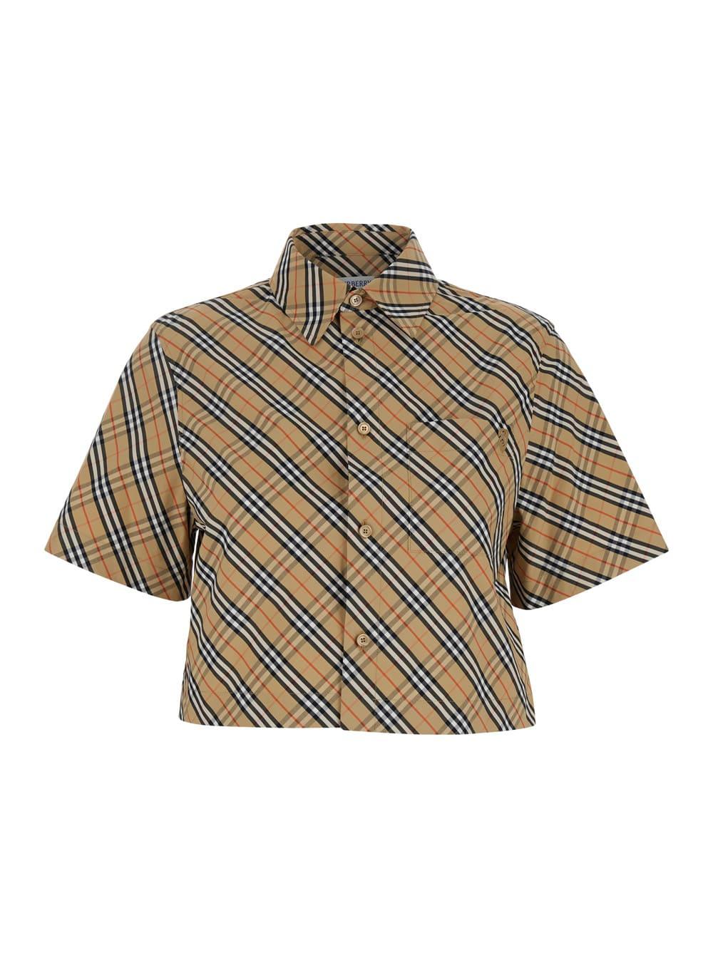 burberry beige crop shirt with all-over check motif in cotton woman