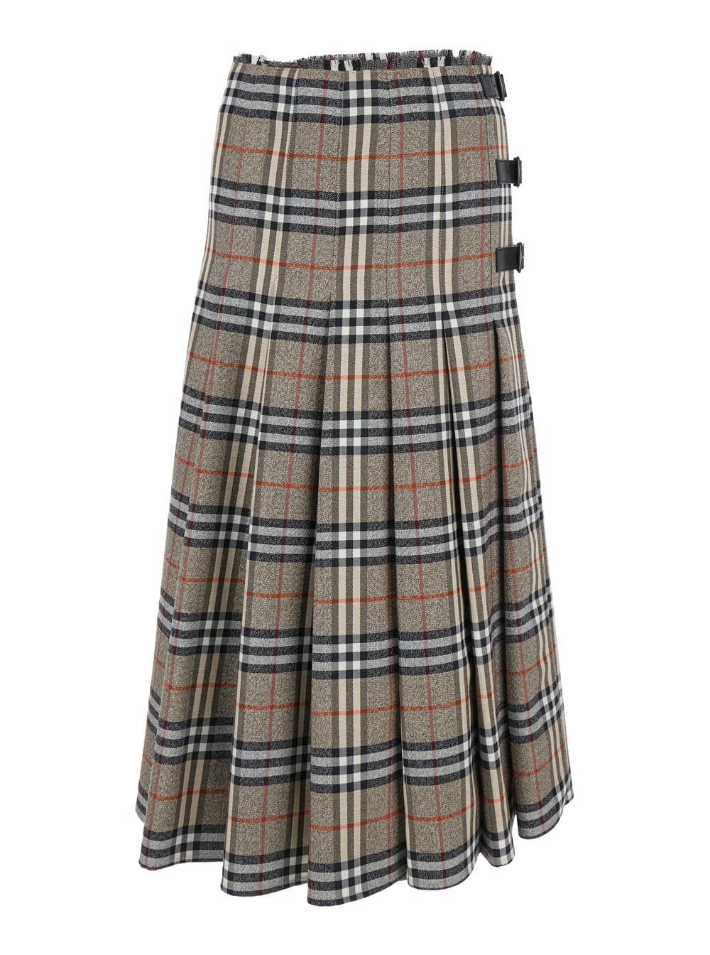 burberry beige midi skirt with side buckle closure and all-over check motif in wool woman