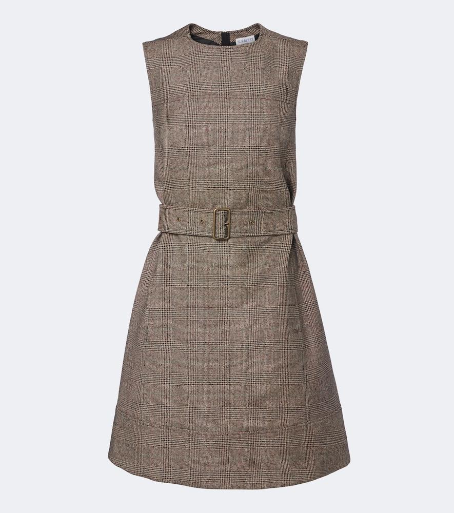 burberry belted checked wool and linen-blend minidress