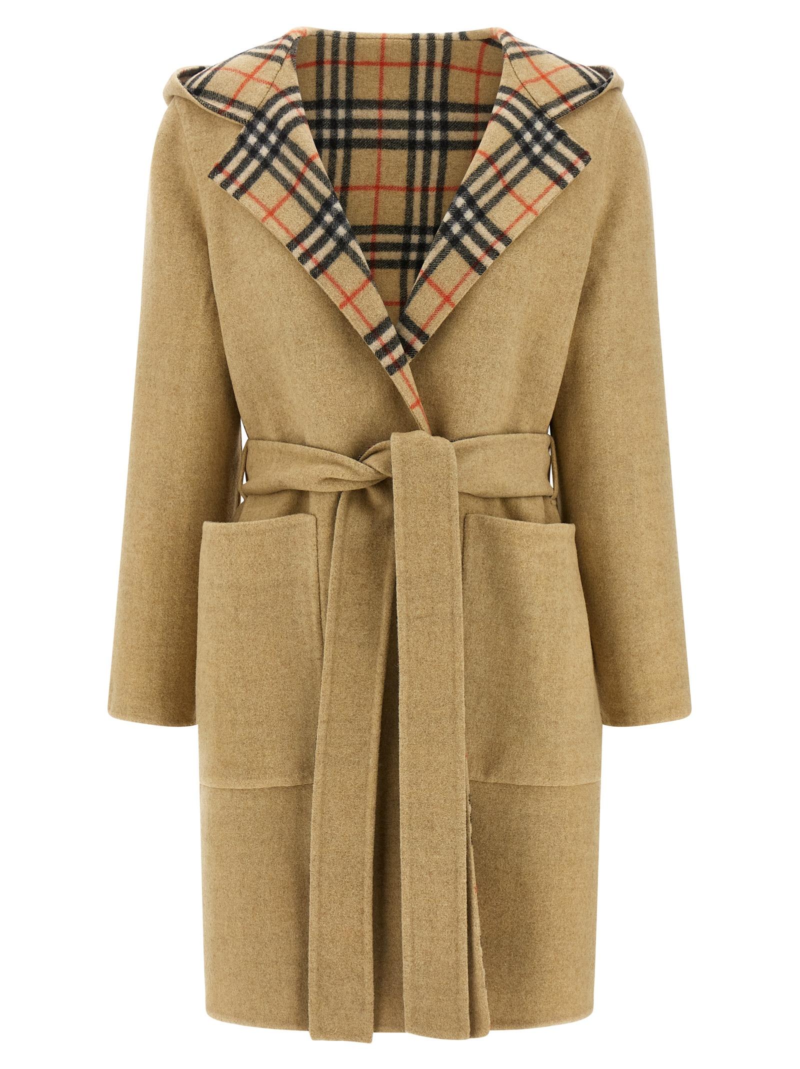 burberry hampshire reversible coat beige wool coats, trench - women