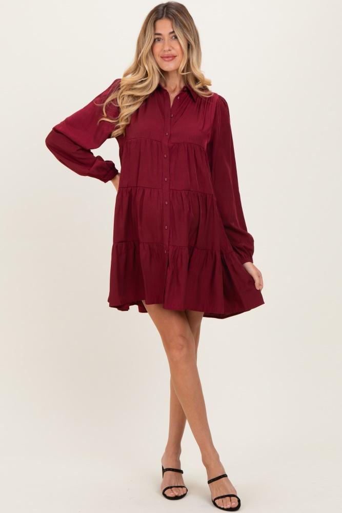 burgundy balloon sleeve tiered maternity shirt dress