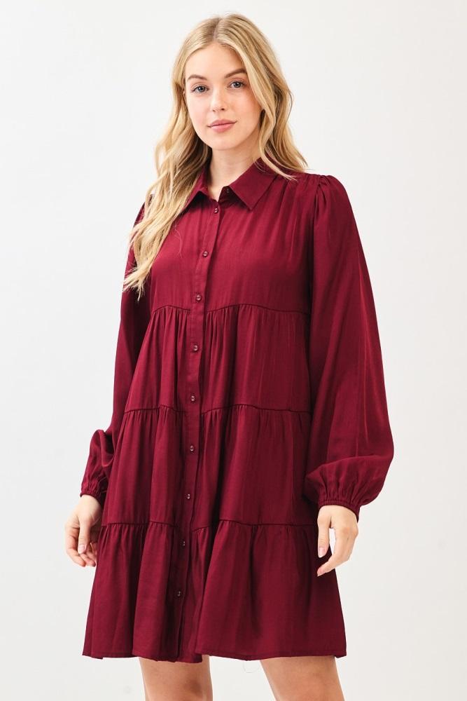 burgundy balloon sleeve tiered shirt dress