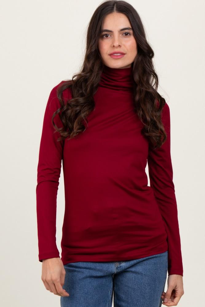 burgundy brushed knit basic turtleneck top