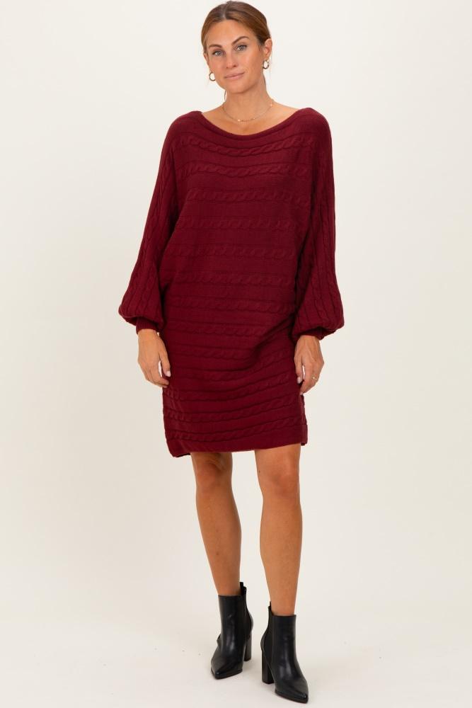 burgundy cable knit dolman sleeve sweater mini dress