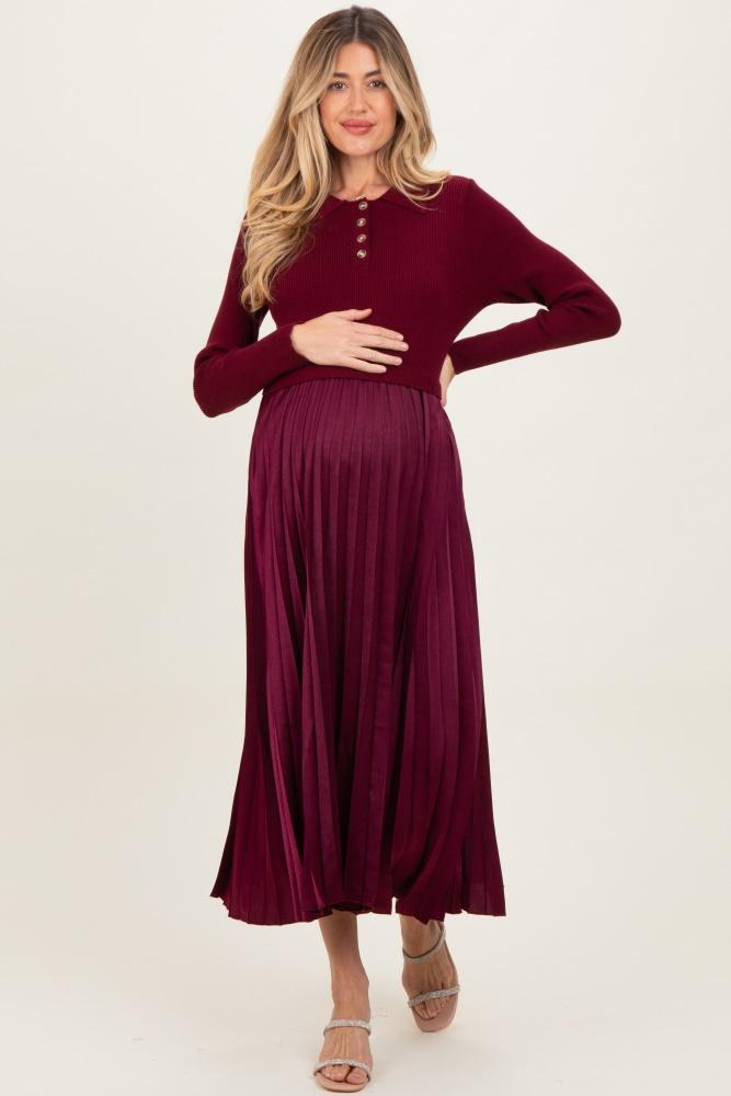 burgundy collared knit contrast pleated skirt maternity midi dress