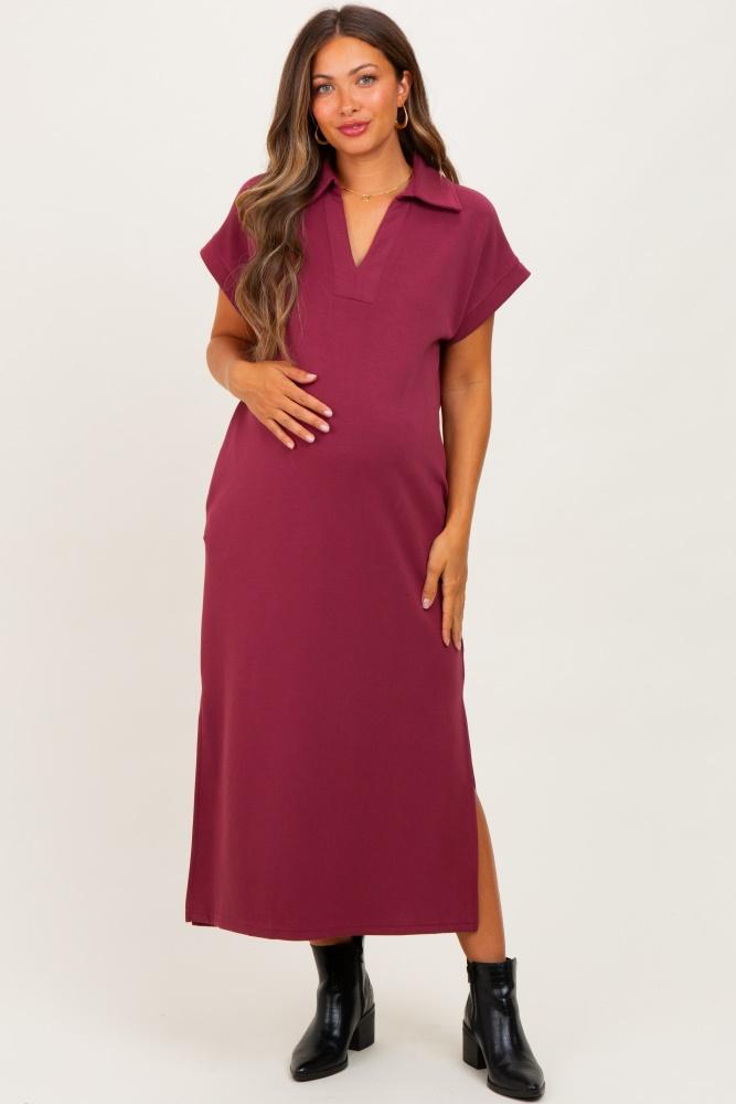 burgundy collared short sleeve maternity midi dress