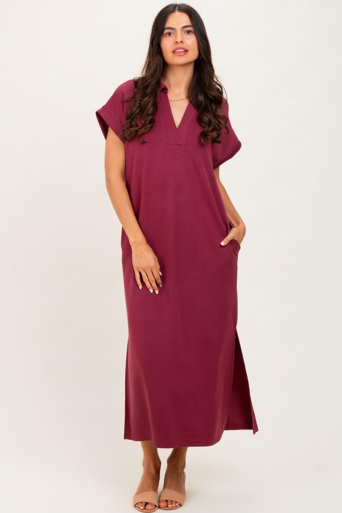 burgundy collared short sleeve midi dress