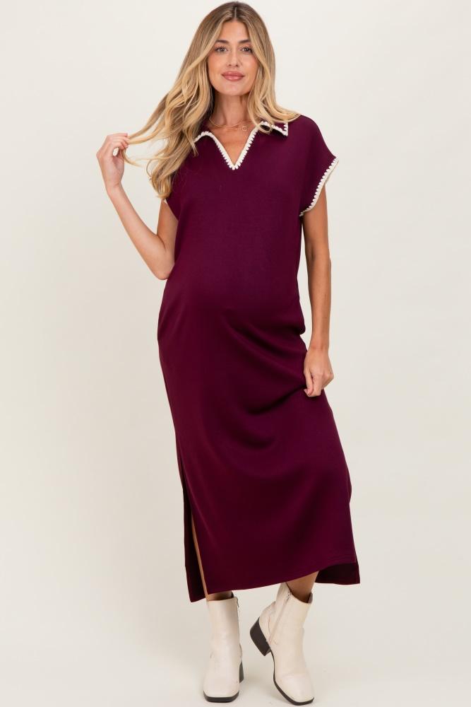 burgundy collared stitch detail short sleeve maternity midi dress