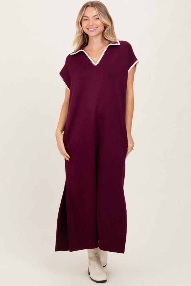 burgundy collared stitch detail short sleeve midi dress