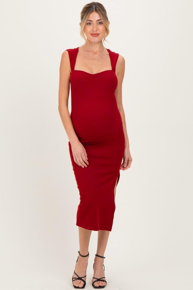 burgundy cutout fitted maternity midi dress
