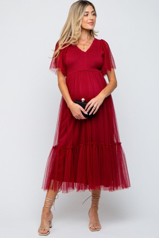burgundy dotted tulle smocked maternity midi dress