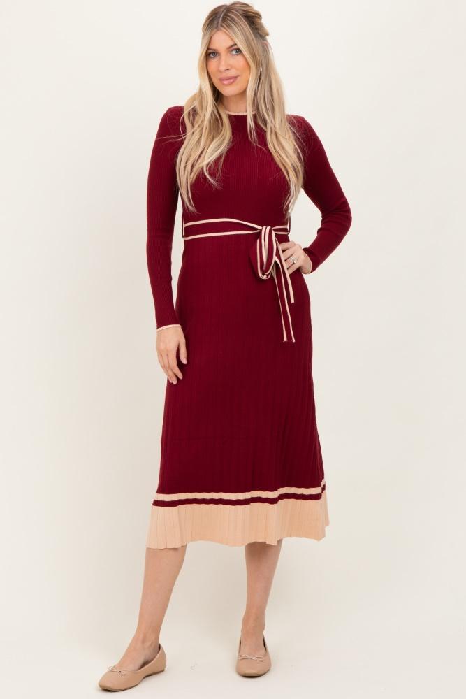 burgundy elegant ribbed midi sweater dress with belt